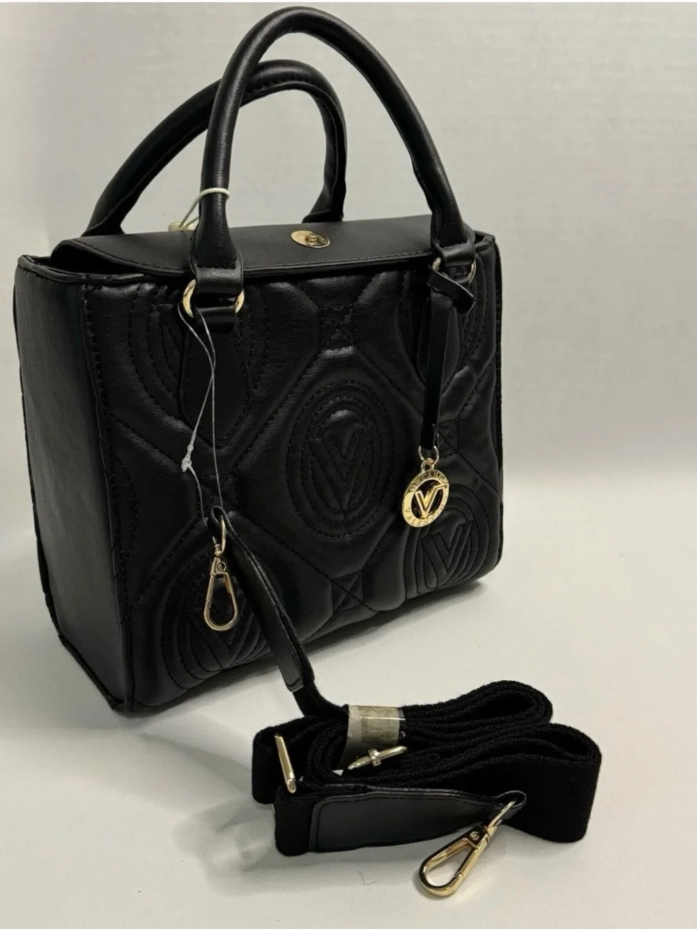 Valentino Orlandi Black Quilted Vegan Leather Satchel with Gold Logo Charm NWT